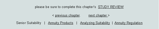 Text Box: please be sure to complete this chapters  STUDY REVIEW							< previous chapter.        next chapter >Senior Suitability   |   Annuity Products   |   Analyzing Suitability  |  Annuity Regulation   